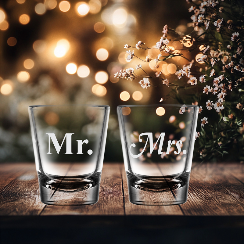 Mr. and  Mrs. Shot Glass Set - 2 Pieces - Gift for Couples, Bridal, Engagement and Weddings - 1.75 oz.
