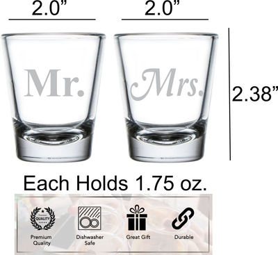 Mr. and  Mrs. Shot Glass Set - 2 Pieces - Gift for Couples, Bridal, Engagement and Weddings - 1.75 oz.