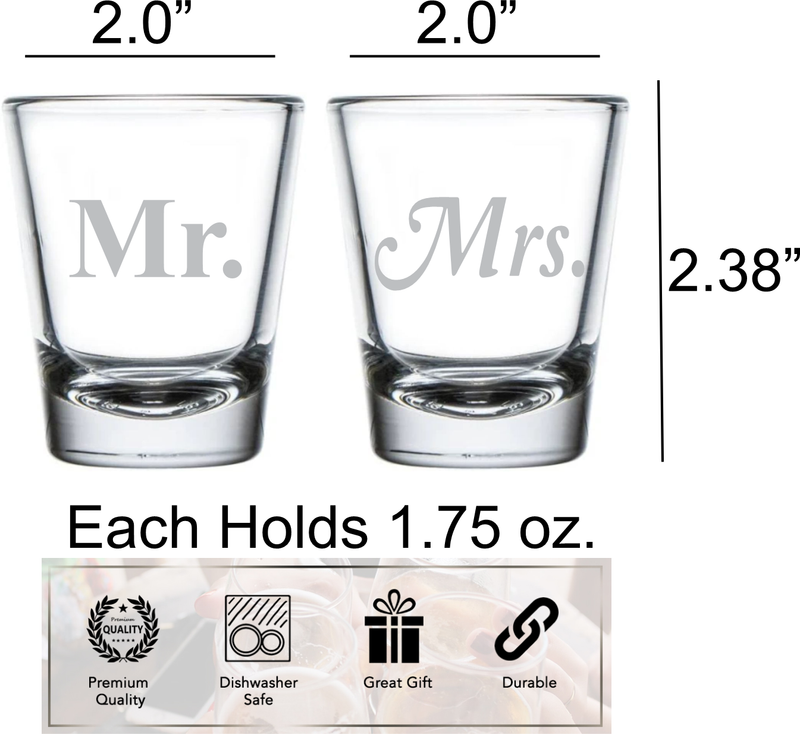 Mr. and  Mrs. Shot Glass Set - 2 Pieces - Gift for Couples, Bridal, Engagement and Weddings - 1.75 oz.