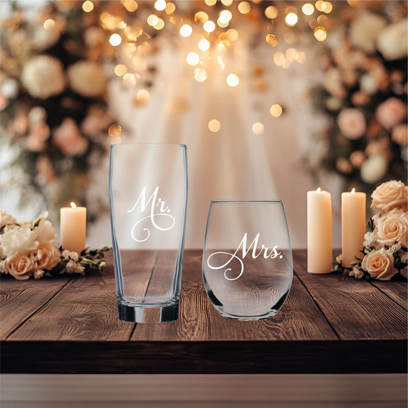 Mr. and Mrs. 15 oz. Stemless Wine and 20 oz. Beer Glass Set of 2 - Gift for Couples.  Bridal, Engagement and Weddings