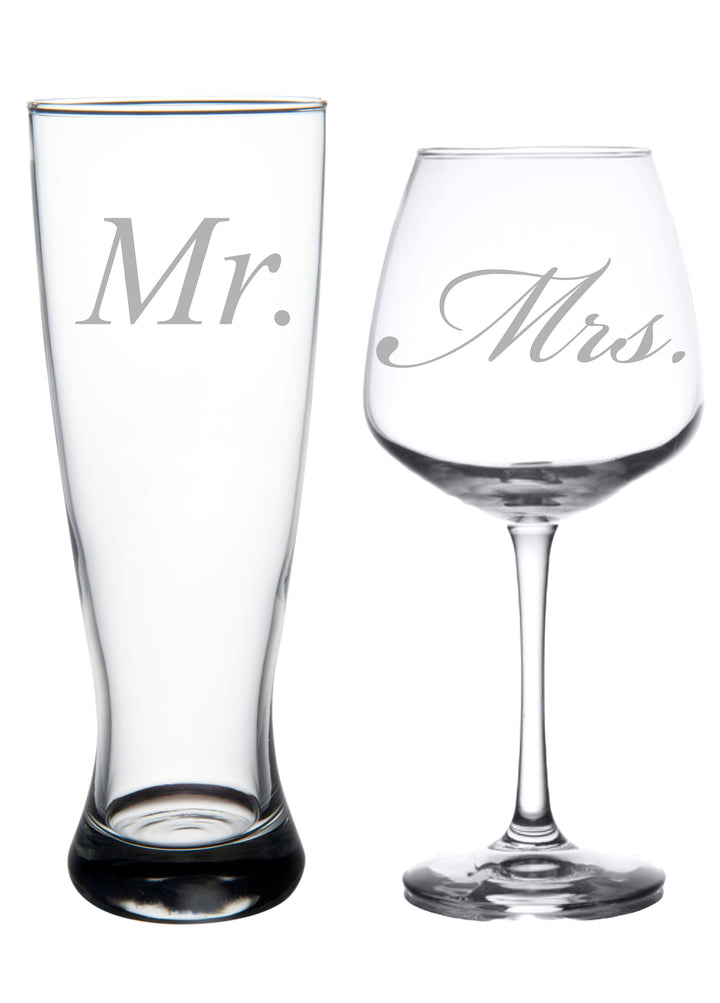 Mr. and Mrs. Wedding Set - 23 oz. Beer Pilsner and 18 oz. Wine Glass