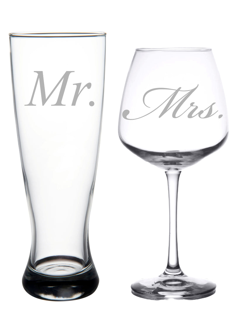 Mr. and Mrs. Wedding  Set - 23 oz. Beer Pilsner and 18 oz. Wine Glass - Gift for Anniversary, Bridal, Engagement, Couples, and Weddings
