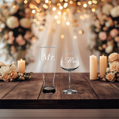 Mr. and Mrs. Wedding  Set - 23 oz. Beer Pilsner and 18 oz. Wine Glass - Gift for Anniversary, Bridal, Engagement, Couples, and Weddings