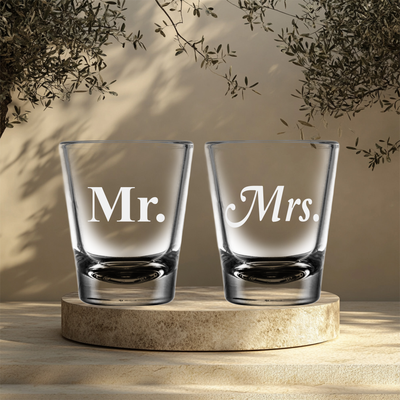 Mr. and  Mrs. Shot Glass Set - 2 Pieces - Gift for Couples, Bridal, Engagement and Weddings - 1.75 oz.
