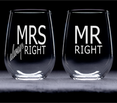 Mrs Always Right and Mr Right Stemless Wine Glass Set – Wedding, Anniversary, Couple Gift for Men and Women - 2 Pieces