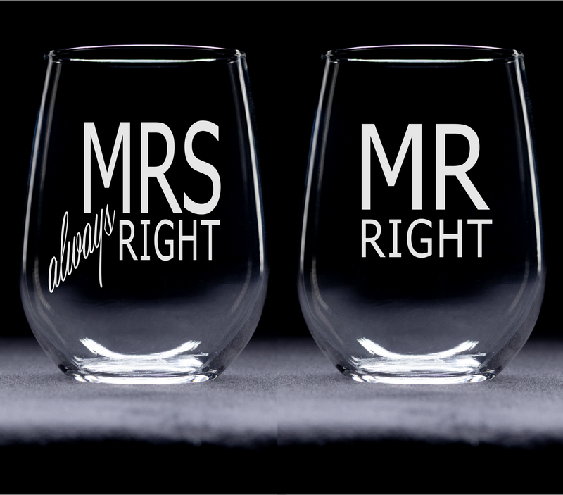 Mrs Always Right and Mr Right Stemless Wine Glass Set – Wedding, Anniversary, Couple Gift for Men and Women - 2 Pieces