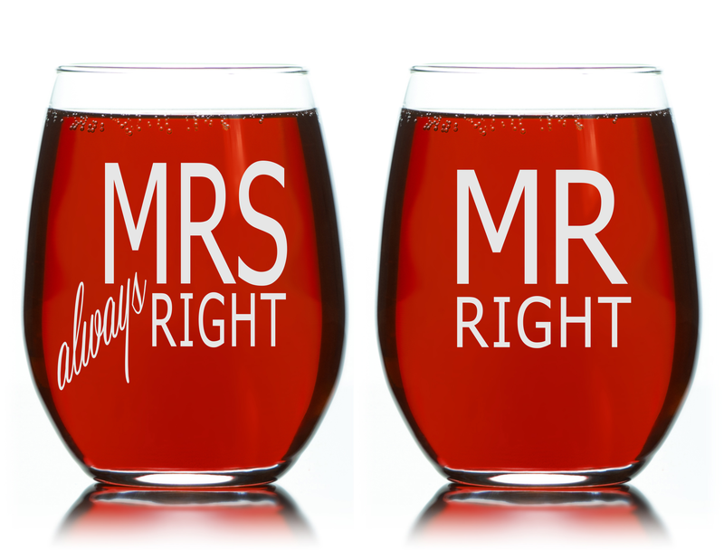 Mrs Always Right and Mr Right Stemless Wine Glass Set – Wedding, Anniversary, Couple Gift for Men and Women - 2 Pieces