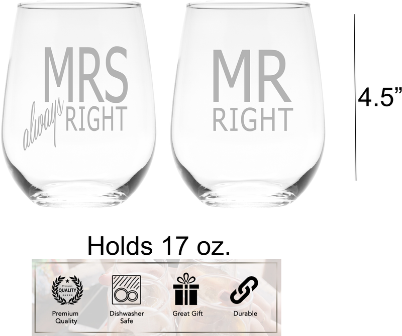 Mrs Always Right and Mr Right Stemless Wine Glass Set – Wedding, Anniversary, Couple Gift for Men and Women - 2 Pieces