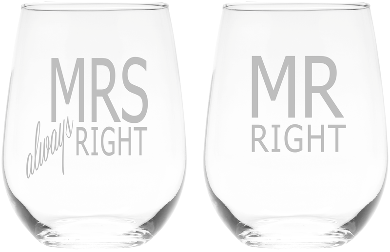 Mrs Always Right and Mr Right Stemless Wine Glass Set – Wedding, Anniversary, Couple Gift for Men and Women - 2 Pieces