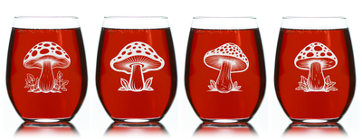 Mushroom Stemless Wine Glass Set –Cute Mushroom Themed Gift for Women and Men - 4 Pieces