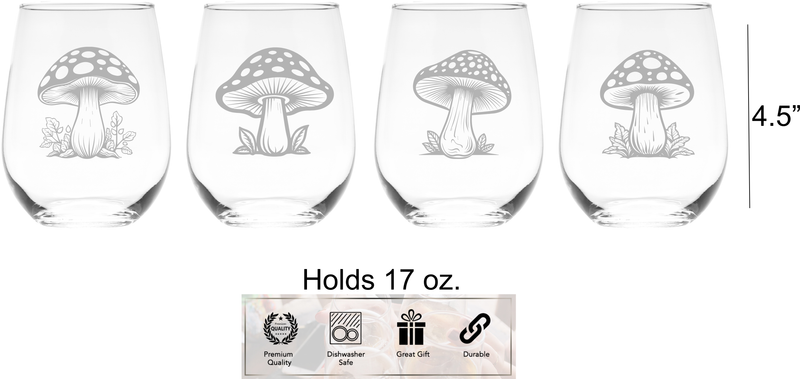 Mushroom Stemless Wine Glass Set –Cute Mushroom Themed Gift for Women and Men - 4 Pieces