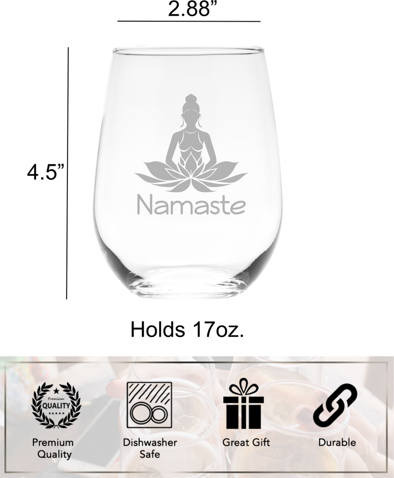 Namaste Yoga Stemless Wine Glass - Yoga Themed Gift for Women and Men - 17 oz.