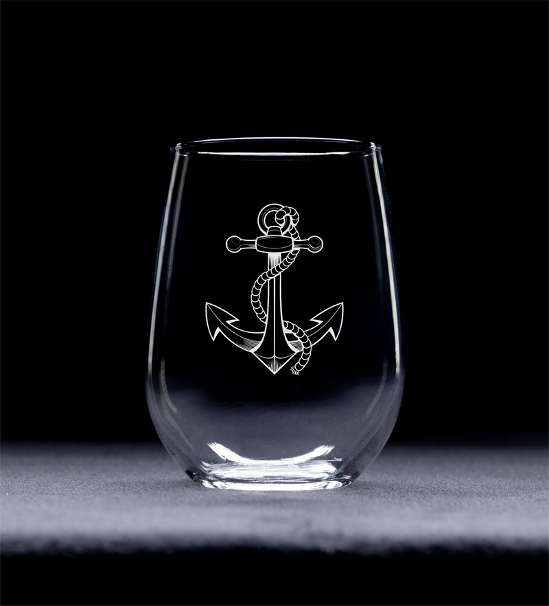 Nautical Anchor Stemless Wine Glass - Nautical Gift for Men and Women - 17 oz.