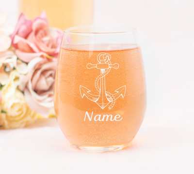 Nautical Anchor with Name, 17 oz.  Custom Stemless Wine Glass - Personalized Nautical Anchor Themed Gift for Women and Men