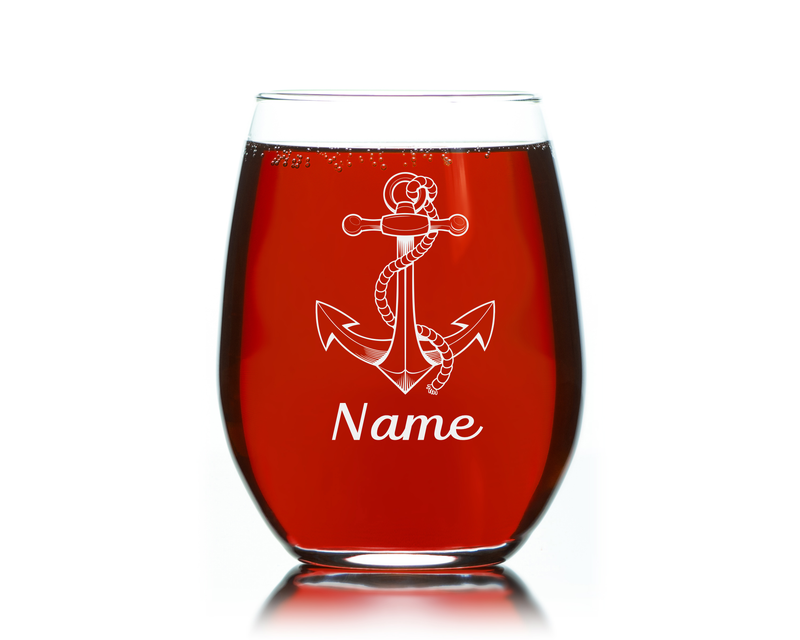 Nautical Anchor with Name, 17 oz.  Custom Stemless Wine Glass - Personalized Nautical Anchor Themed Gift for Women and Men