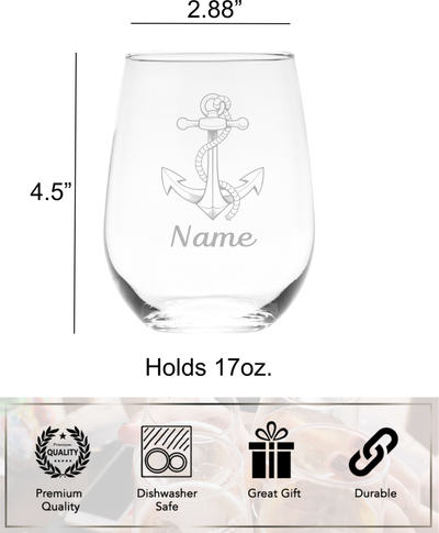 Nautical Anchor with Name, 17 oz.  Custom Stemless Wine Glass - Personalized Nautical Anchor Themed Gift for Women and Men