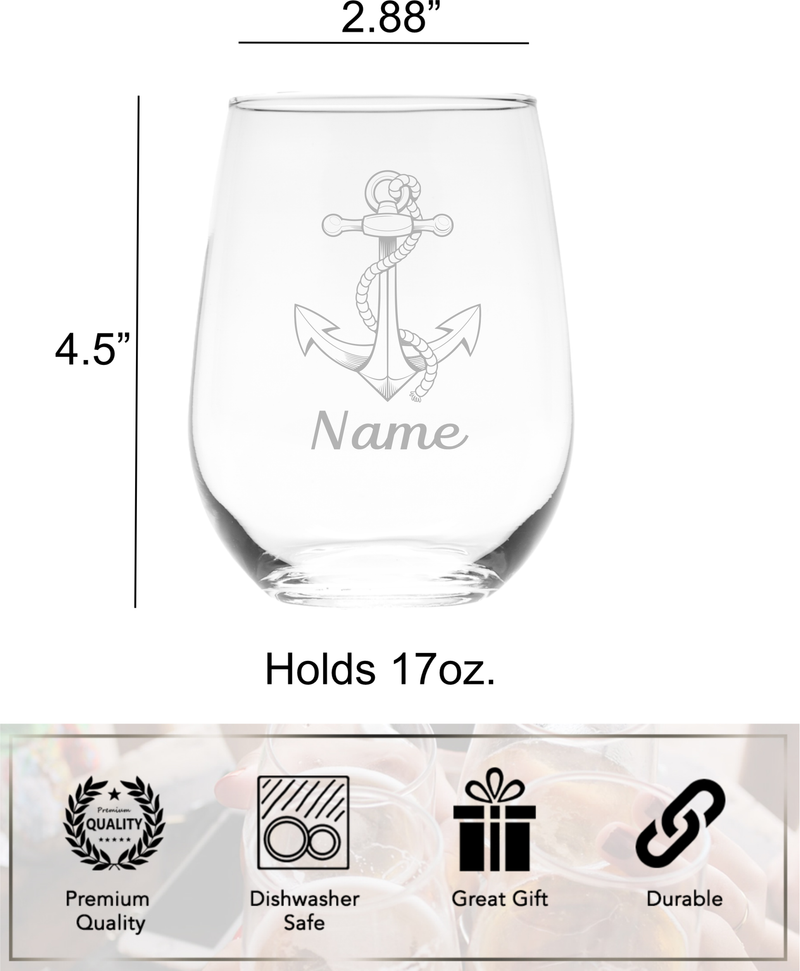 Nautical Anchor with Name, 17 oz.  Custom Stemless Wine Glass - Personalized Nautical Anchor Themed Gift for Women and Men