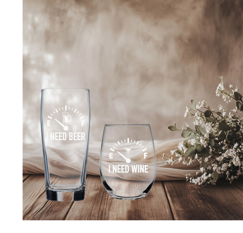 I Need Beer 20 oz. Beer Glass and I Need Wine 15 oz.  Stemless Wine Glass - Set of 2 – Funny Gift for Men and Women