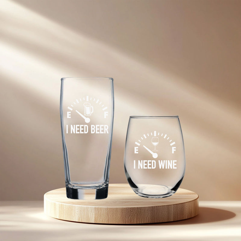 I Need Beer 20 oz. Beer Glass and I Need Wine 15 oz.  Stemless Wine Glass - Set of 2 – Funny Gift for Men and Women