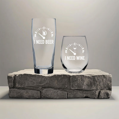 I Need Beer 20 oz. Beer Glass and I Need Wine 15 oz.  Stemless Wine Glass - Set of 2 – Funny Gift for Men and Women