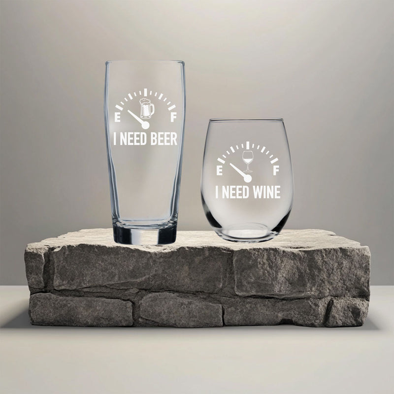 I Need Beer 20 oz. Beer Glass and I Need Wine 15 oz.  Stemless Wine Glass - Set of 2 – Funny Gift for Men and Women