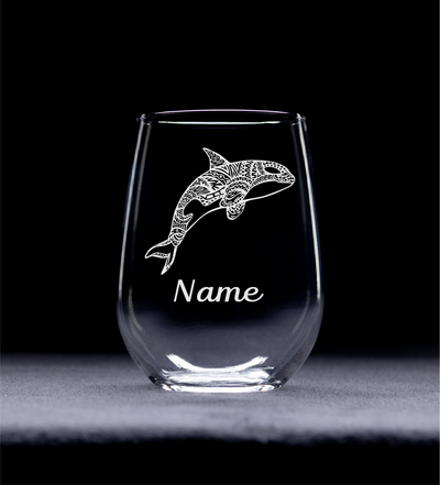 Orca with name 17oz. stemless wine glass