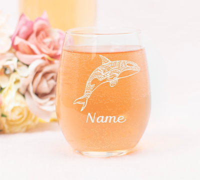 Orca with name 17oz. stemless wine glass