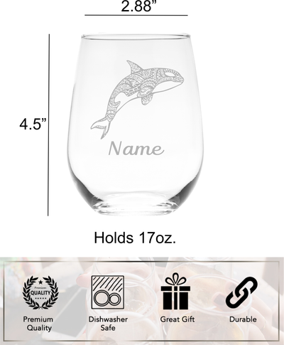 Orca with name 17oz. stemless wine glass