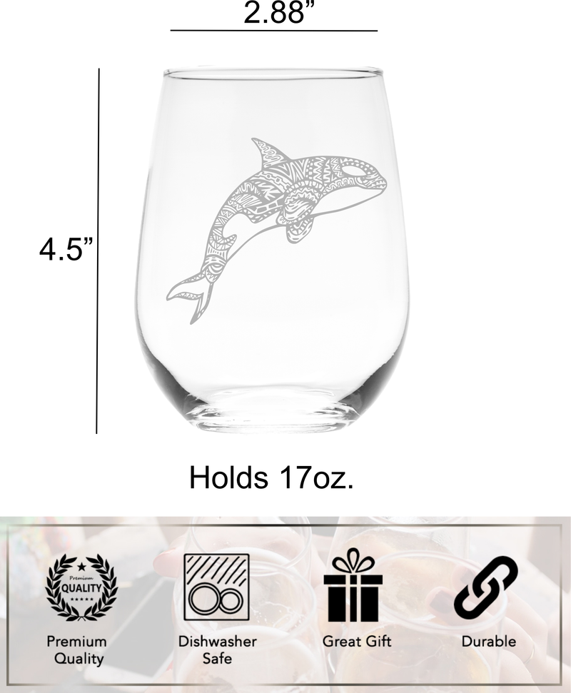 Orca Whale Stemless Wine Glass, 17 oz. - 1 Piece – Orca Whale Themed Gift for Men and Women