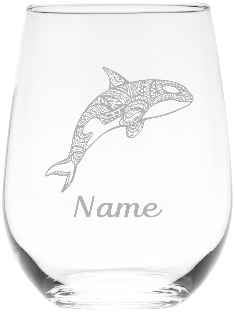 Orca with name 17oz. stemless wine glass