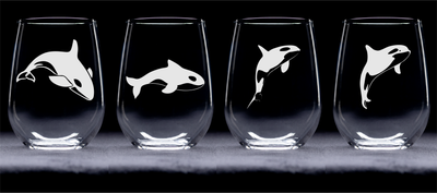 Orca Whale Stemless Wine Glass Set - Orca Whale Themed Gift for Women and Men - 4 Pieces