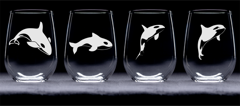 Orca Whale Stemless Wine Glass Set - Orca Whale Themed Gift for Women and Men - 4 Pieces