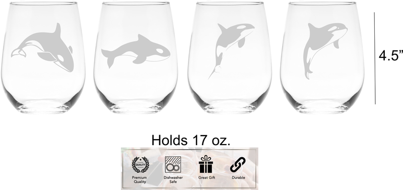 Orca Whale Stemless Wine Glass Set - Orca Whale Themed Gift for Women and Men - 4 Pieces