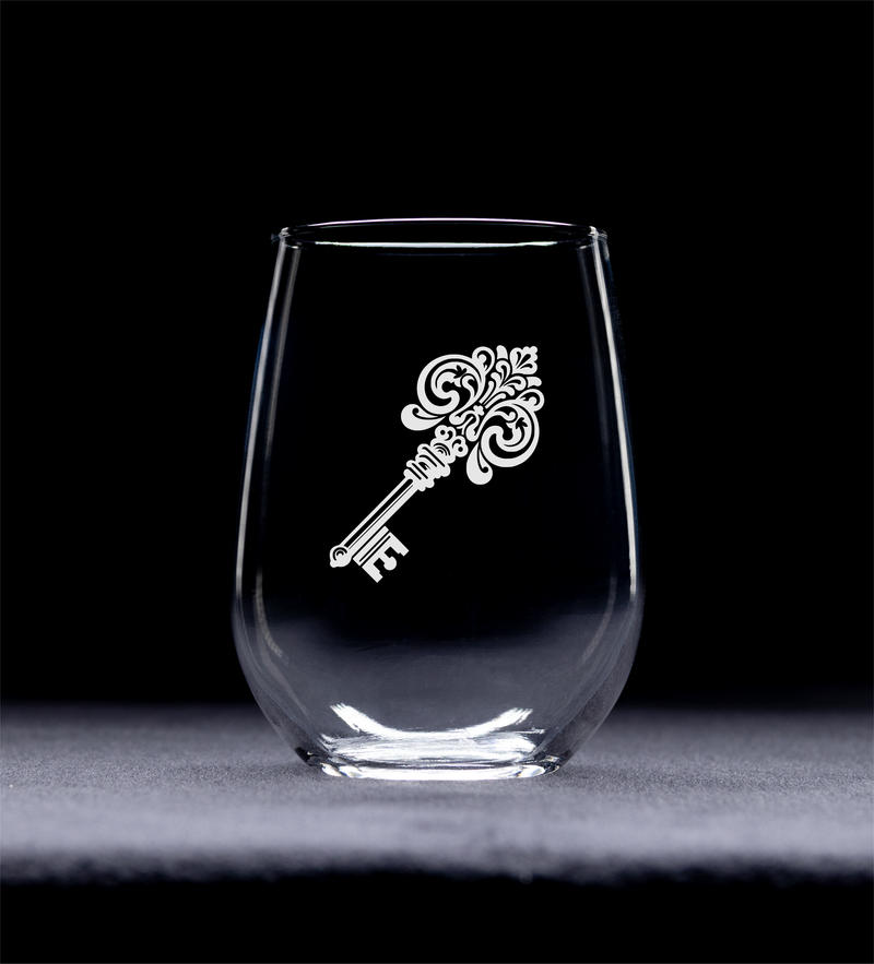 Ornate Classic Key Design Stemless Wine Glass - Key Themed Gift for Women and Men - 17 oz.