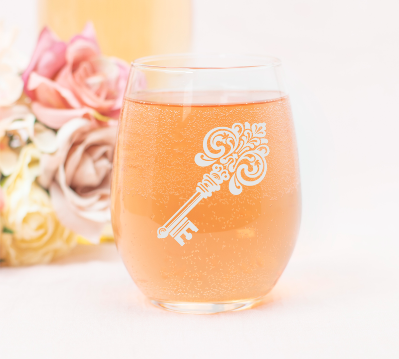 Ornate Classic Key Design Stemless Wine Glass - Key Themed Gift for Women and Men - 17 oz.