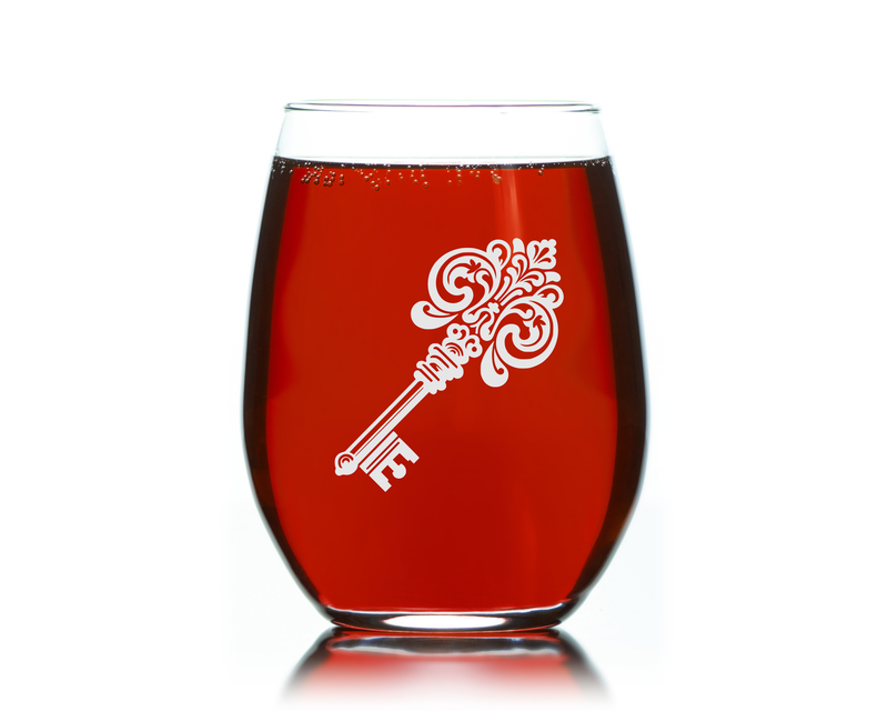Ornate Classic Key Design Stemless Wine Glass - Key Themed Gift for Women and Men - 17 oz.