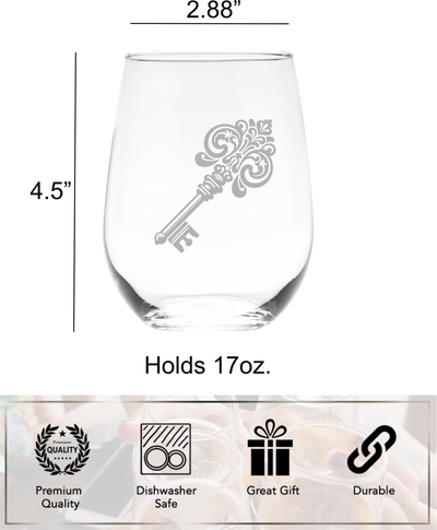 Ornate Classic Key Design Stemless Wine Glass - Key Themed Gift for Women and Men - 17 oz.