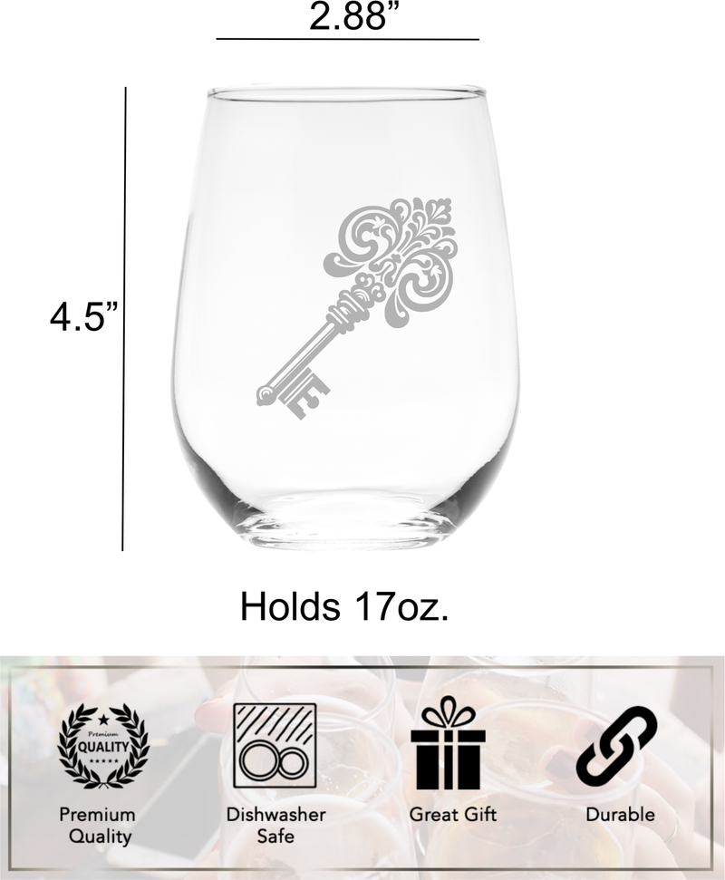 Ornate Classic Key Design Stemless Wine Glass - Key Themed Gift for Women and Men - 17 oz.