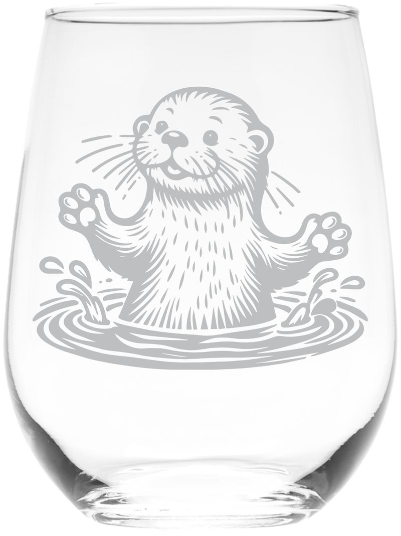 Otter Stemless Wine Glass - Cute Otter Themed Gift for Women and Men - 17 oz. (Style O4)