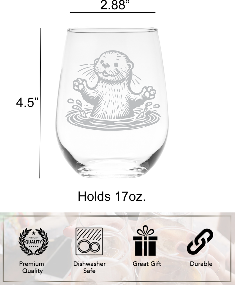 Otter Stemless Wine Glass - Cute Otter Themed Gift for Women and Men - 17 oz. (Style O4)