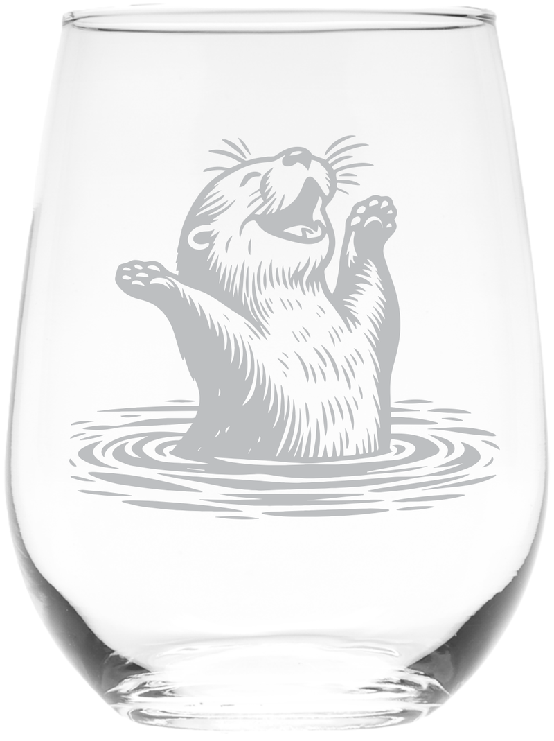 Otter Stemless Wine Glass - Cute Otter Themed Gift for Women and Men - 17 oz. (Style O6)