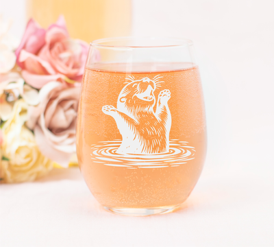 Otter Stemless Wine Glass - Cute Otter Themed Gift for Women and Men - 17 oz. (Style O6)