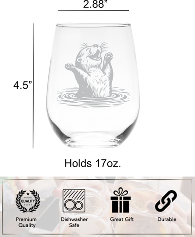 Otter Stemless Wine Glass - Cute Otter Themed Gift for Women and Men - 17 oz. (Style O6)