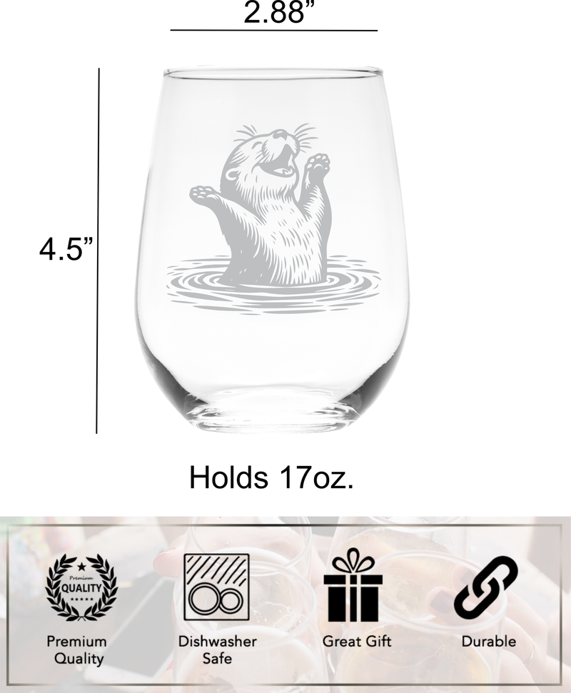 Otter Stemless Wine Glass - Cute Otter Themed Gift for Women and Men - 17 oz. (Style O6)