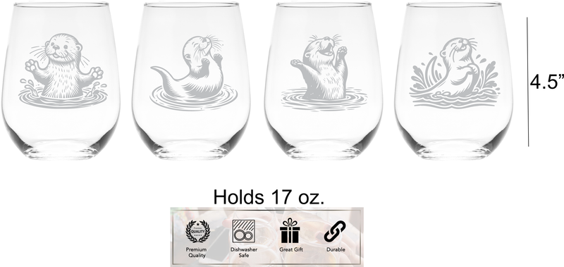 Otter Stemless Wine Glass Set – Otter Themed Gift for Women and Men  - 4 Pieces