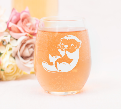 Otter Stemless Wine Glass - Cute Otter Themed Gift for Women and Men - 17 oz. (Style O2)
