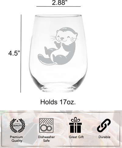 Otter Stemless Wine Glass - Cute Otter Themed Gift for Women and Men - 17 oz. (Style O2)