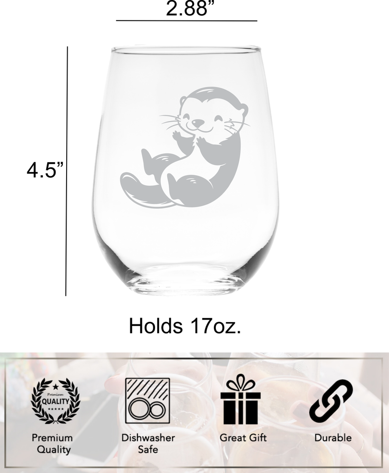 Otter Stemless Wine Glass - Cute Otter Themed Gift for Women and Men - 17 oz. (Style O2)