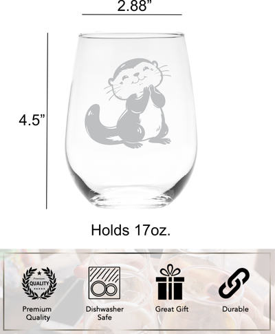 Otter Stemless Wine Glass - Cute Otter Themed Gift for Women and Men - 17 oz. (Style O3)