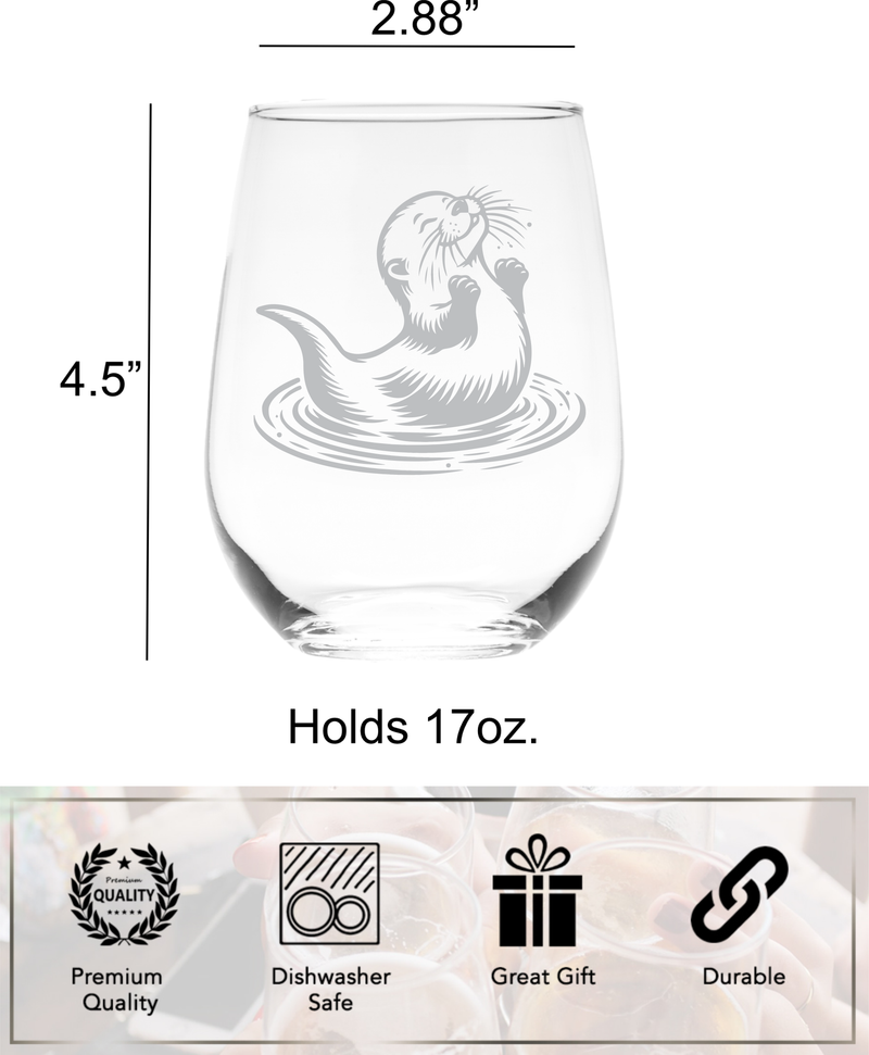 Otter Stemless Wine Glass - Cute Otter Themed Gift for Women and Men - 17 oz. (Style O5)